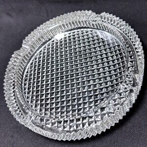 Vintage Clear Crystal Glass Ashtray Diamond Cut Scalloped Edge‎ Heavy